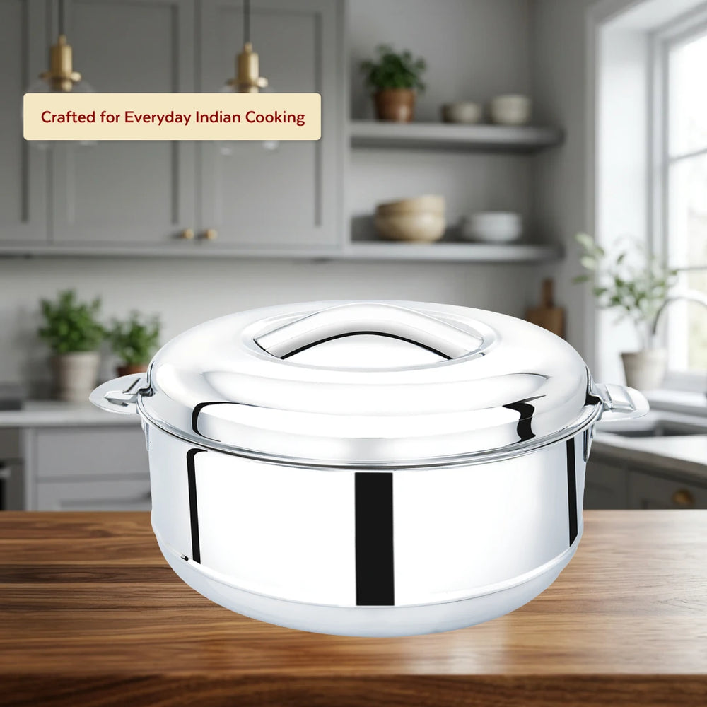 Iris Stainless Steel Casserole, Double-Wall Insulated Hot Box with Lock Lid, Food Warmer for Rice, Curries, Rotis, Free ₹300 SS Water Bottle