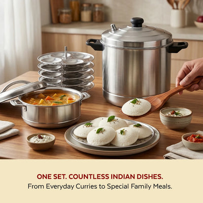 Stainless Steel Cookware Set: Idli Cooker 6 Plate & Aspen Hot Pot 2500 ML | Premium Quality, Serveware & Cookware Combo Set