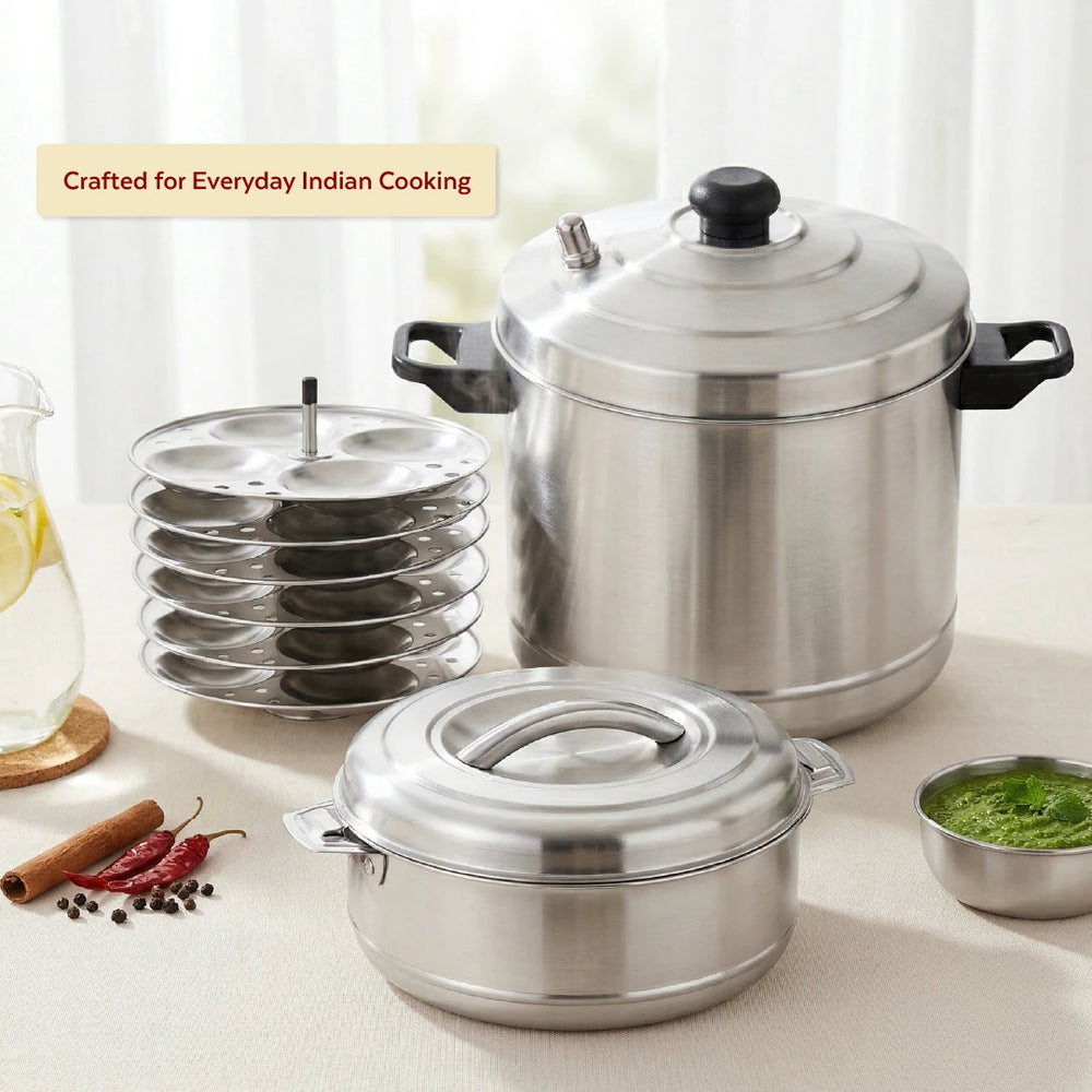 Stainless Steel Cookware Set: Idli Cooker 6 Plate & Aspen Hot Pot 2500 ML | Premium Quality, Serveware & Cookware Combo Set