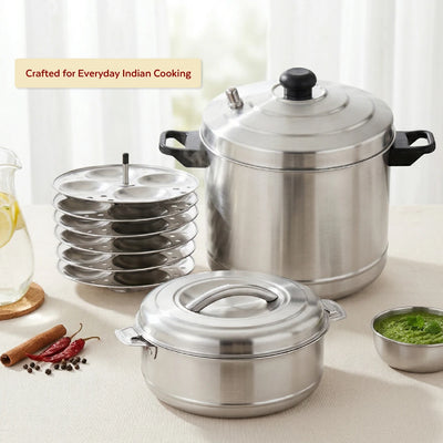 Stainless Steel Cookware Set: Idli Cooker 6 Plate & Aspen Hot Pot 2500 ML | Premium Quality, Serveware & Cookware Combo Set