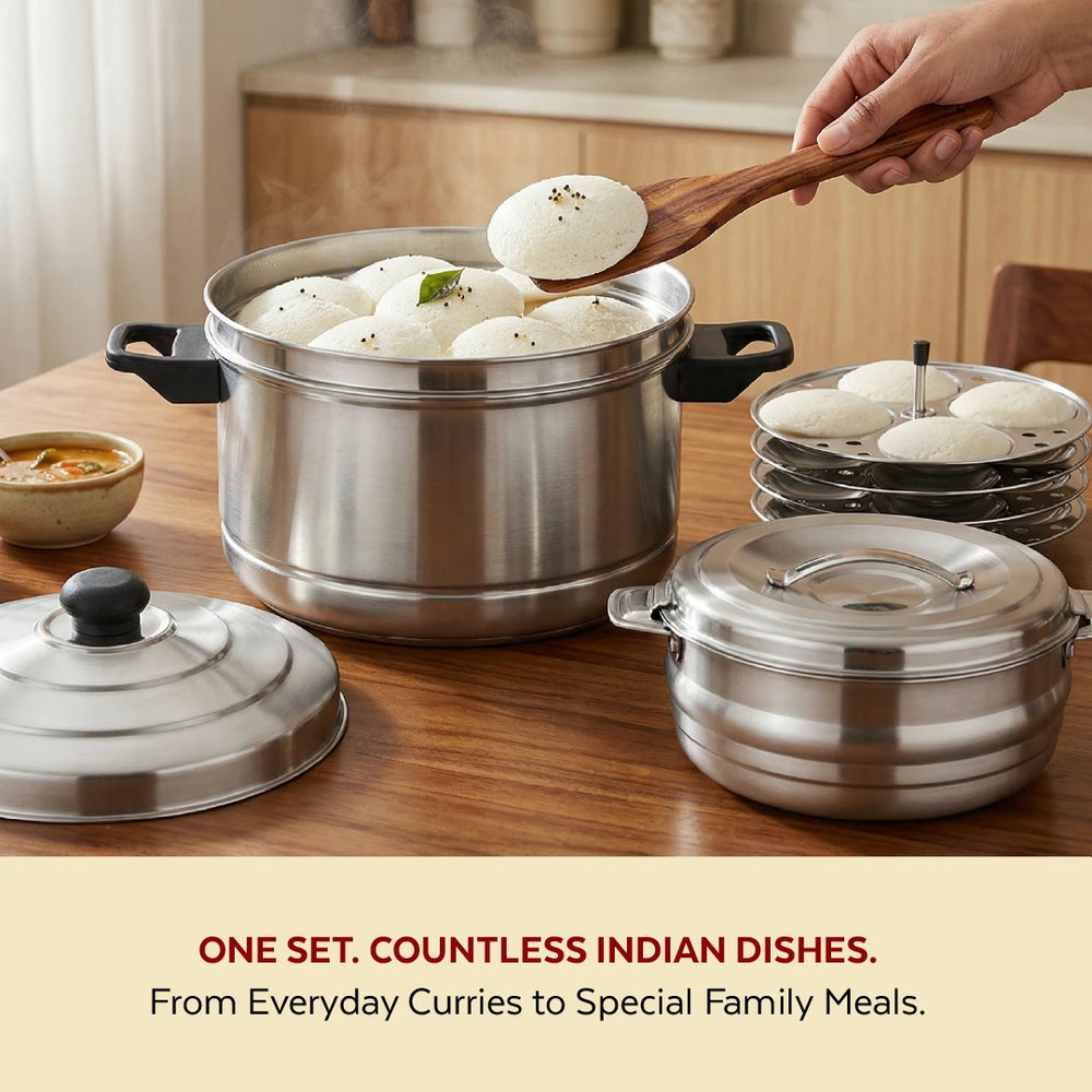 Stainless Steel Cookware Set: Idli Cooker 4 Plate & Orchid Stainless Steel Hot Pot 1500 ML | Premium Quality, Serveware & Cookware Combo Set