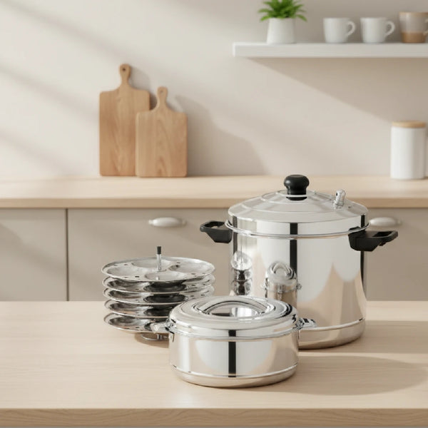 Stainless Steel Cookware Set: Idli Cooker 6 Plate & Aspen Hot Pot 2500 ML | Premium Quality, Serveware & Cookware Combo Set