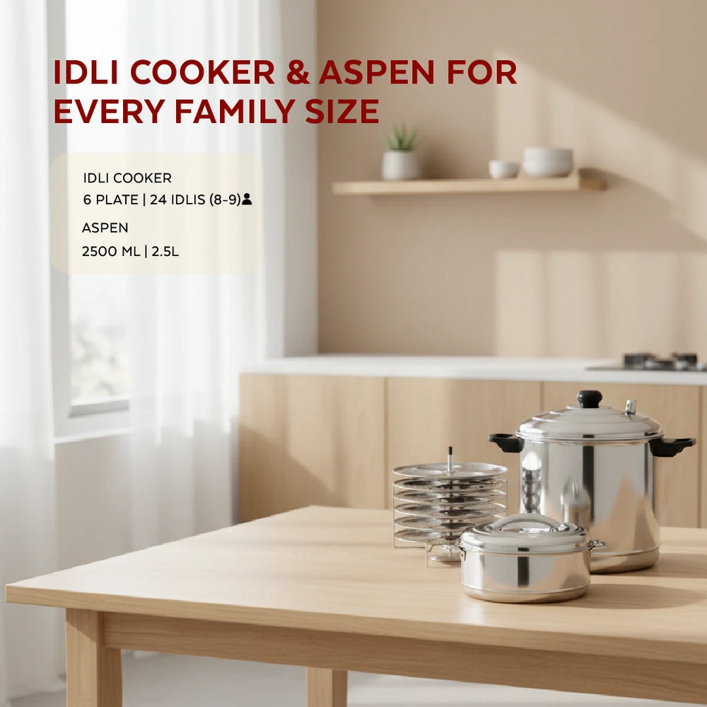 Stainless Steel Cookware Set: Idli Cooker 6 Plate & Aspen Hot Pot 2500 ML | Premium Quality, Serveware & Cookware Combo Set