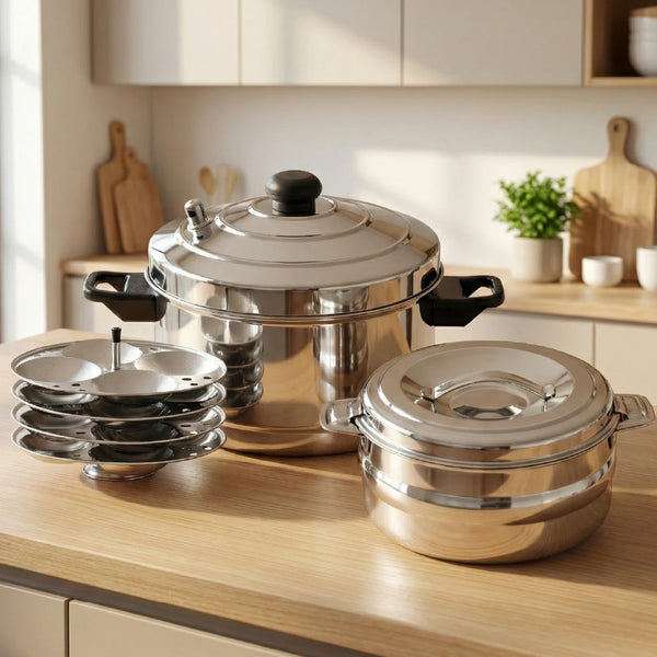 Stainless Steel Cookware Set: Idli Cooker 4 Plate & Orchid Stainless Steel Hot Pot 1500 ML | Premium Quality, Serveware & Cookware Combo Set
