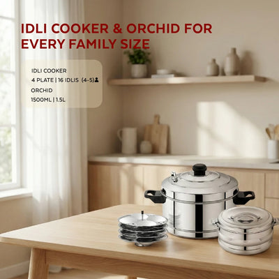 Stainless Steel Cookware Set: Idli Cooker 4 Plate & Orchid Stainless Steel Hot Pot 1500 ML | Premium Quality, Serveware & Cookware Combo Set