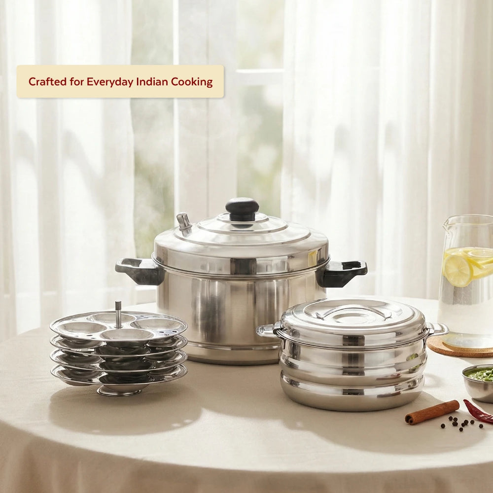 Stainless Steel Cookware Set: Idli Cooker 4 Plate & Orchid Stainless Steel Hot Pot 1500 ML | Premium Quality, Serveware & Cookware Combo Set