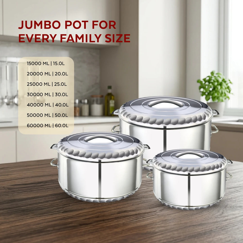 Jumbo Stainless Steel Casserole – Snug-Fit Lock, Hot Pot for Roti-Rice-Gravy-Curry, Retains Temperature, Twist Lock, Ideal for Catering & Bulk Cooking | 15L–60L