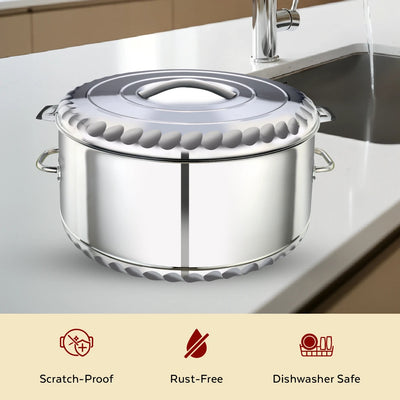 Jumbo Stainless Steel Casserole – Snug-Fit Lock, Hot Pot for Roti-Rice-Gravy-Curry, Retains Temperature, Twist Lock, Ideal for Catering & Bulk Cooking | 15L–60L
