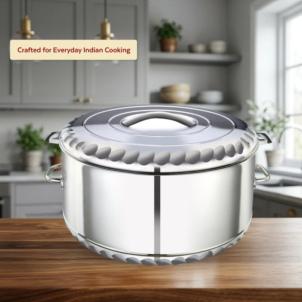 Jumbo Stainless Steel Casserole – Snug-Fit Lock, Hot Pot for Roti-Rice-Gravy-Curry, Retains Temperature, Twist Lock, Ideal for Catering & Bulk Cooking | 15L–60L