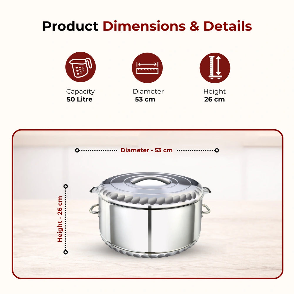 Jumbo Stainless Steel Casserole – Snug-Fit Lock, Hot Pot for Roti-Rice-Gravy-Curry, Retains Temperature, Twist Lock, Ideal for Catering & Bulk Cooking | 15L–60L