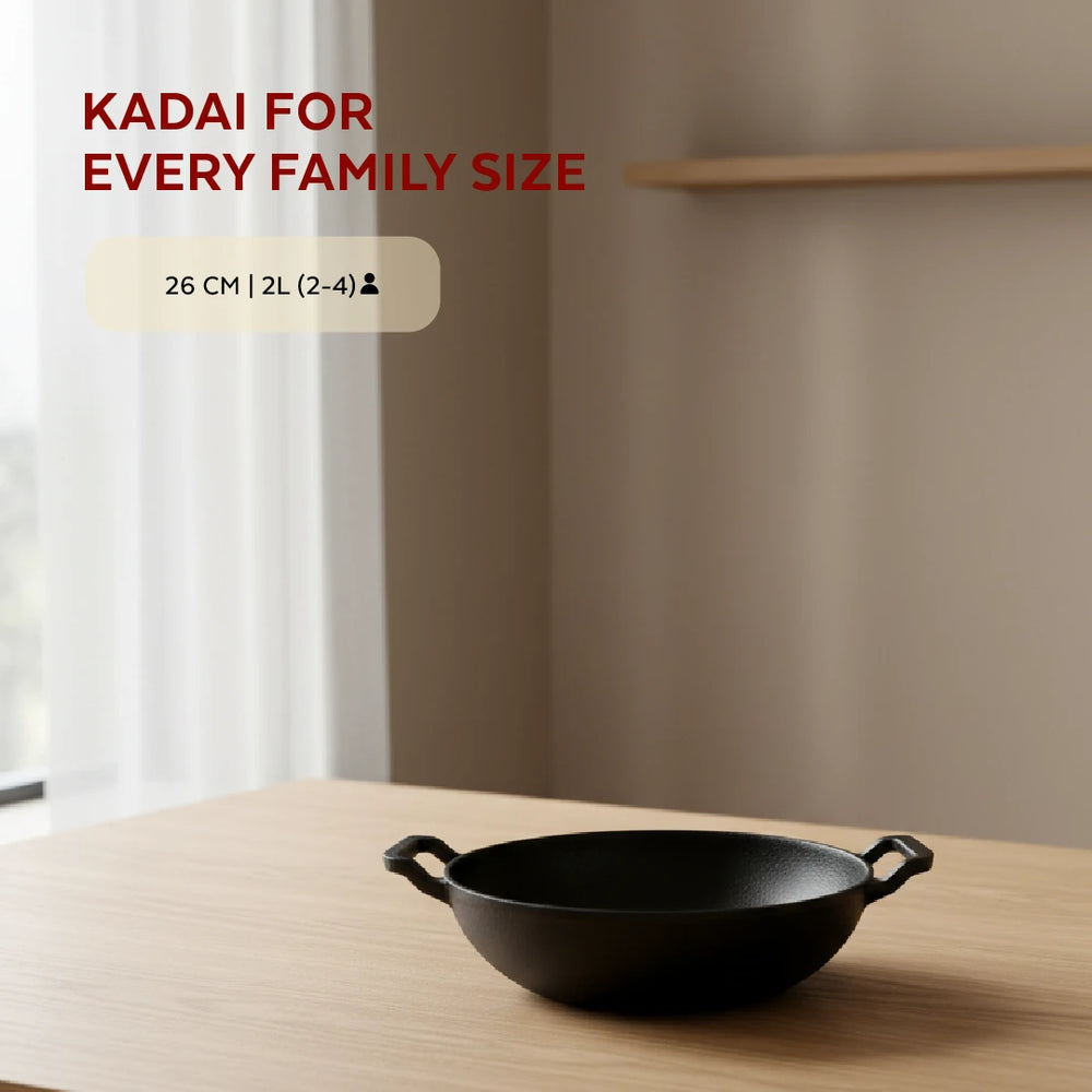 Cast Iron Kadai 26 cm, Pre-Seasoned Traditional Pure Iron Kadai for Curries & Frying, Even Heating, Gas & Induction Compatible