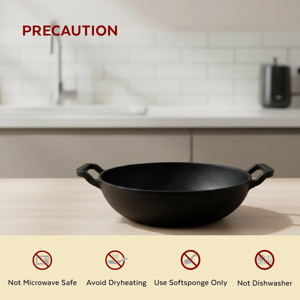 Cast Iron Kadai 26 cm, Pre-Seasoned Traditional Pure Iron Kadai for Curries & Frying, Even Heating, Gas & Induction Compatible