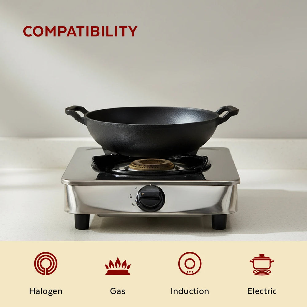 Cast Iron Kadai 26 cm, Pre-Seasoned Traditional Pure Iron Kadai for Curries & Frying, Even Heating, Gas & Induction Compatible