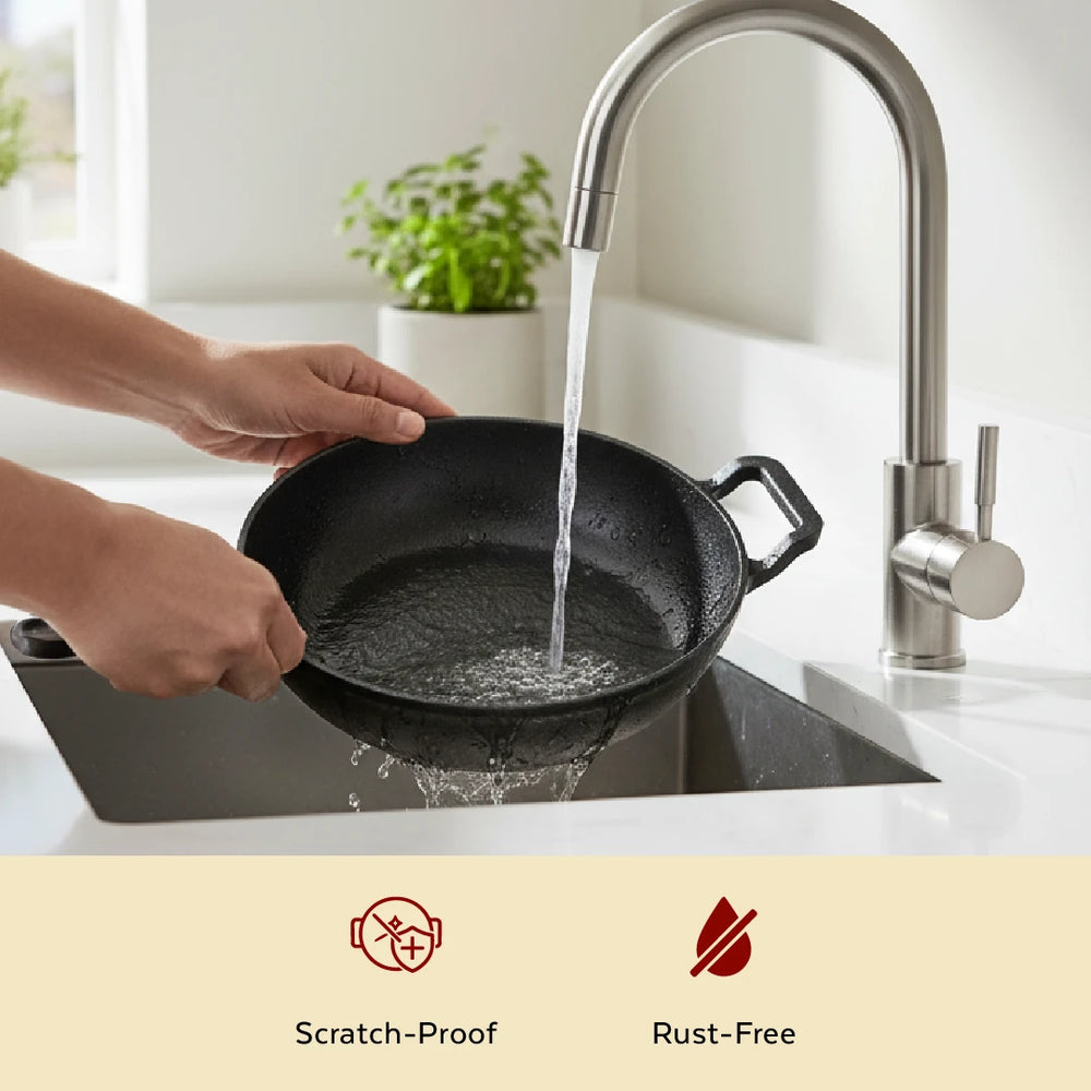 Cast Iron Kadai 26 cm, Pre-Seasoned Traditional Pure Iron Kadai for Curries & Frying, Even Heating, Gas & Induction Compatible