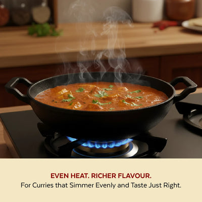 Cast Iron Kadai 26 cm, Pre-Seasoned Traditional Pure Iron Kadai for Curries & Frying, Even Heating, Gas & Induction Compatible