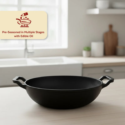Cast Iron Kadai 26 cm, Pre-Seasoned Traditional Pure Iron Kadai for Curries & Frying, Even Heating, Gas & Induction Compatible
