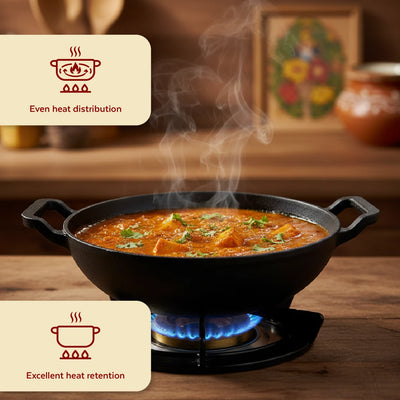 Cast Iron Kadai 26 cm, Pre-Seasoned Traditional Pure Iron Kadai for Curries & Frying, Even Heating, Gas & Induction Compatible