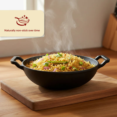 Cast Iron Kadai 26 cm, Pre-Seasoned Traditional Pure Iron Kadai for Curries & Frying, Even Heating, Gas & Induction Compatible