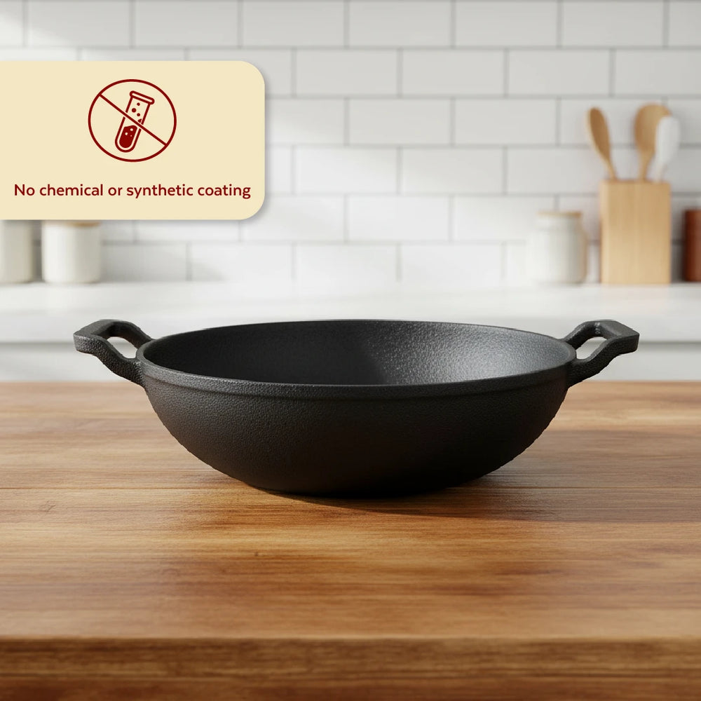 Cast Iron Kadai 26 cm, Pre-Seasoned Traditional Pure Iron Kadai for Curries & Frying, Even Heating, Gas & Induction Compatible