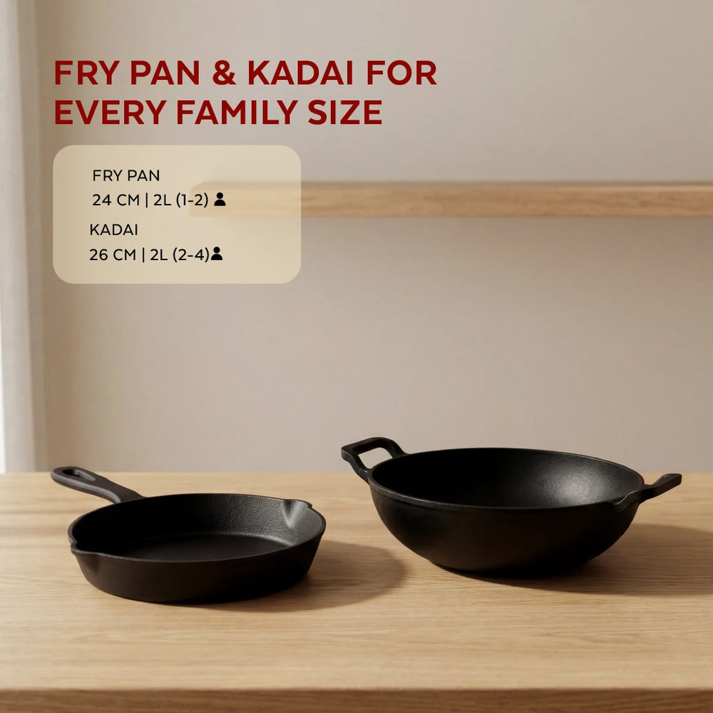 Cast Iron Cookware Set: Kadai 26 CM + Fry Pan 24 CM |  Heavy-Duty Traditional Cooking Set | Kitchen Set for Home, Pre-seasoned, Induction Friendly