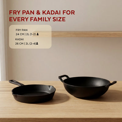 Cast Iron Cookware Set: Kadai 26 CM + Fry Pan 24 CM |  Heavy-Duty Traditional Cooking Set | Kitchen Set for Home, Pre-seasoned, Induction Friendly