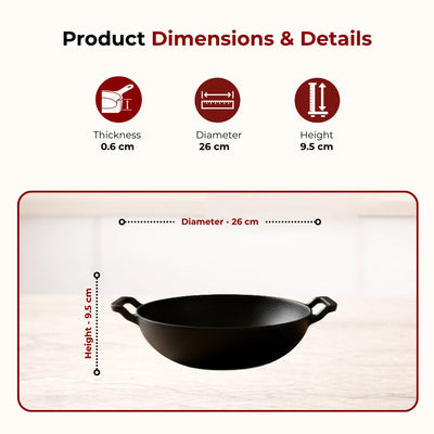 Cast Iron Cookware Set: Kadai 26 CM + Fry Pan 24 CM |  Heavy-Duty Traditional Cooking Set | Kitchen Set for Home, Pre-seasoned, Induction Friendly