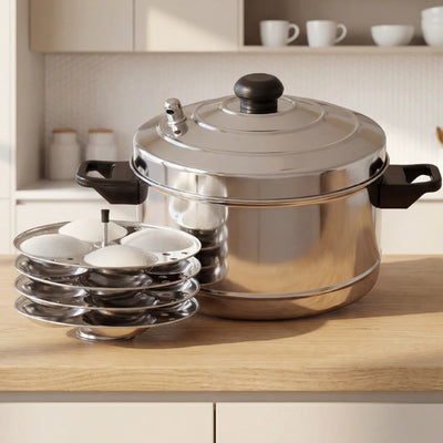 Stainless Steel Idli Cooker with Whistle Indicator - 4 Plate / 6 Plate, Idly Cooker Pot, Induction & Gas Compatible, Rust-Free & Durable