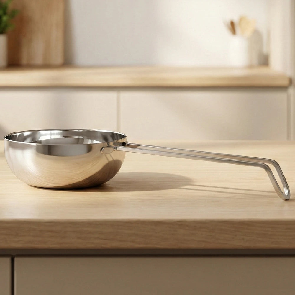 Stainless Steel Tadka Pan with Cool-Touch Handle: 10CM, 11CM, 12.5CM, Induction, Gas & Electric Compatible, For Spice Tempering/Seasoning, Long Wire Handle, Smooth Finished Surface