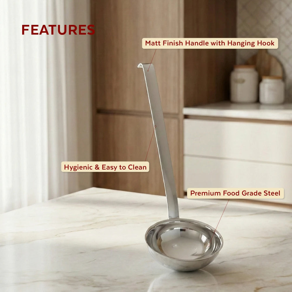 Stainless Steel Ladle: Heat-Resistant Handle, Deep Bowl Design, Rust-Free, Ideal for Soups, Stews, Sauces & Curries