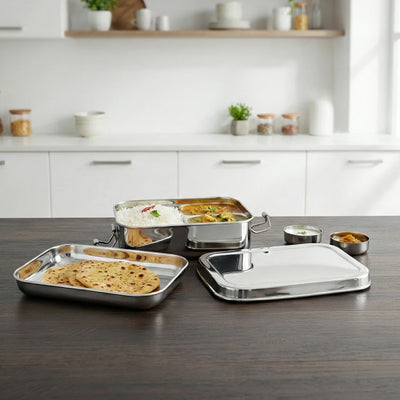 Stainless Steel Linea Lunch Box: Rectangular Box with Divider Plate, Compact, Durable & Ideal for Office or School Use
