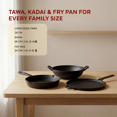 Cast Iron Cookware Set: Flat Long Handle Tawa 26 CM + Kadai 26 CM + Fry Pan 24 CM | Heavy-Duty Traditional Cooking Combo Set | Kitchen Set for Home, Pre-seasoned, Induction Friendly