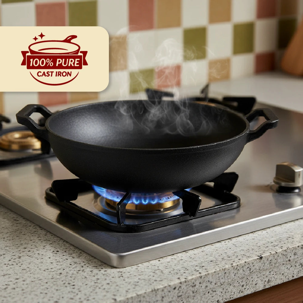 Cast Iron Cookware Set: Flat Long Handle Tawa 26 CM + Kadai 26 CM + Fry Pan 24 CM | Heavy-Duty Traditional Cooking Combo Set | Kitchen Set for Home, Pre-seasoned, Induction Friendly