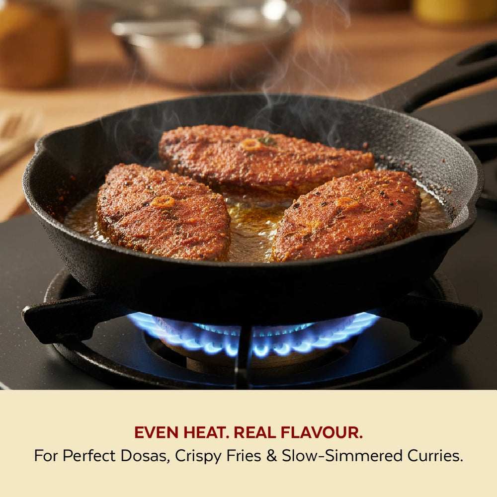 Cast Iron Cookware Set: Flat Long Handle Tawa 26 CM + Kadai 26 CM + Fry Pan 24 CM | Heavy-Duty Traditional Cooking Combo Set | Kitchen Set for Home, Pre-seasoned, Induction Friendly