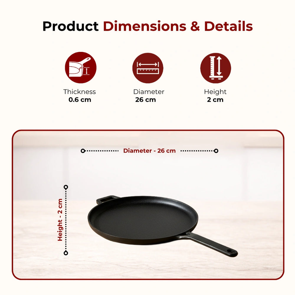 Cast Iron Cookware Set: Flat Long Handle Tawa 26 CM + Kadai 26 CM + Fry Pan 24 CM | Heavy-Duty Traditional Cooking Combo Set | Kitchen Set for Home, Pre-seasoned, Induction Friendly