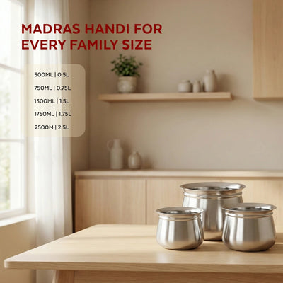 Stainless Steel Madras Handi Set of 6 Pcs: Kitchen Serving, Cooking Bowl, Handi Set, Biryani Handi for Kitchen & Restaurant, Cookware Set