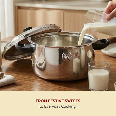 Stainless Steel Milk Boiler with Whistle, Spill-Free, Induction & Gas Compatible, Snug-Fit Lid, StayCool+ Handle & Lid Knob
