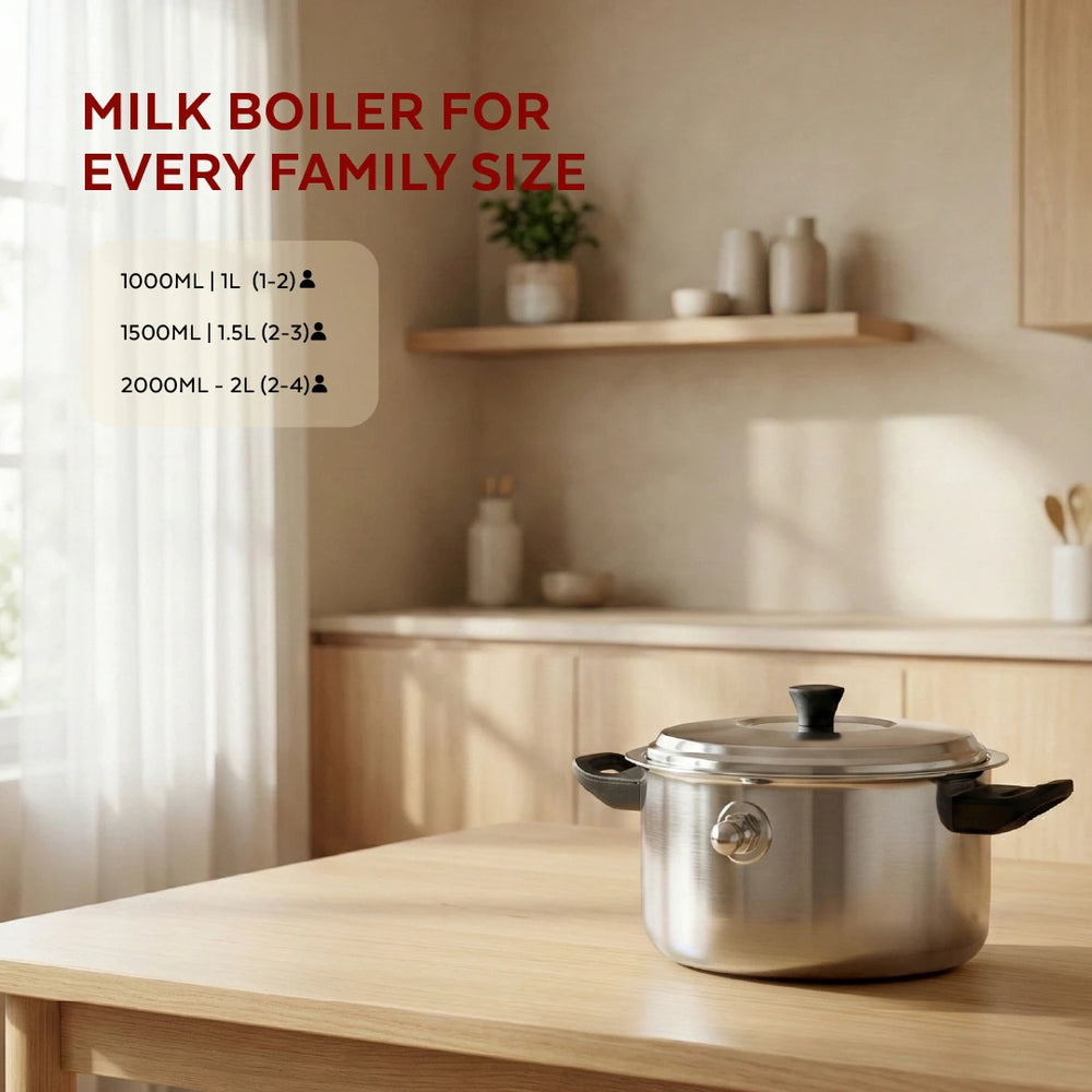 Stainless Steel Milk Boiler with Whistle, Spill-Free, Induction & Gas Compatible, Snug-Fit Lid, StayCool+ Handle & Lid Knob