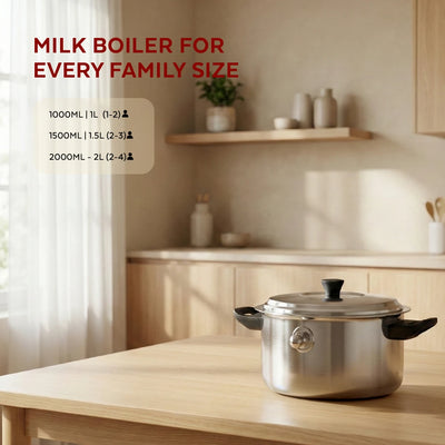 Stainless Steel Milk Boiler with Whistle, Spill-Free, Induction & Gas Compatible, Snug-Fit Lid, StayCool+ Handle & Lid Knob