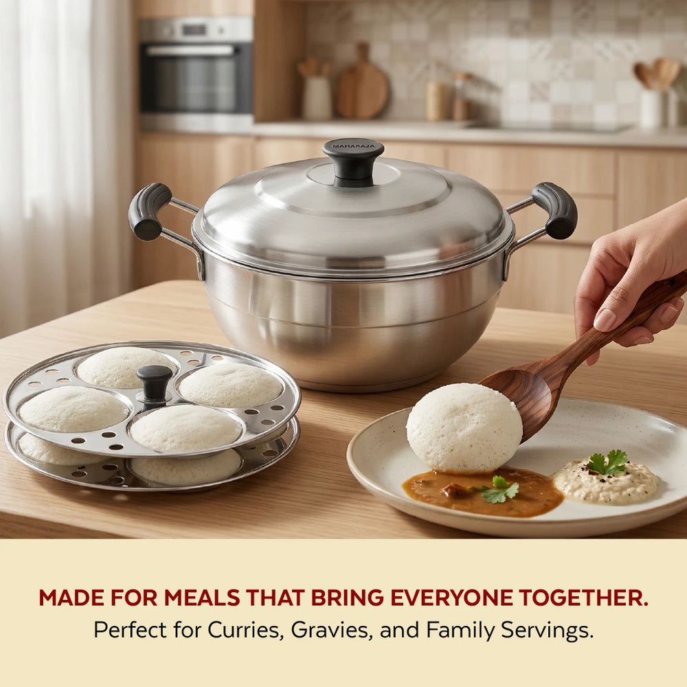 Stainless Steel Multi Kadai 20CM, Versatile Kadai with Steam Release Lid, Steam Idlies, Idiyappams, Momos and Vegetables, Tri Ply Base, StayCool+ Handle & Lid Knob