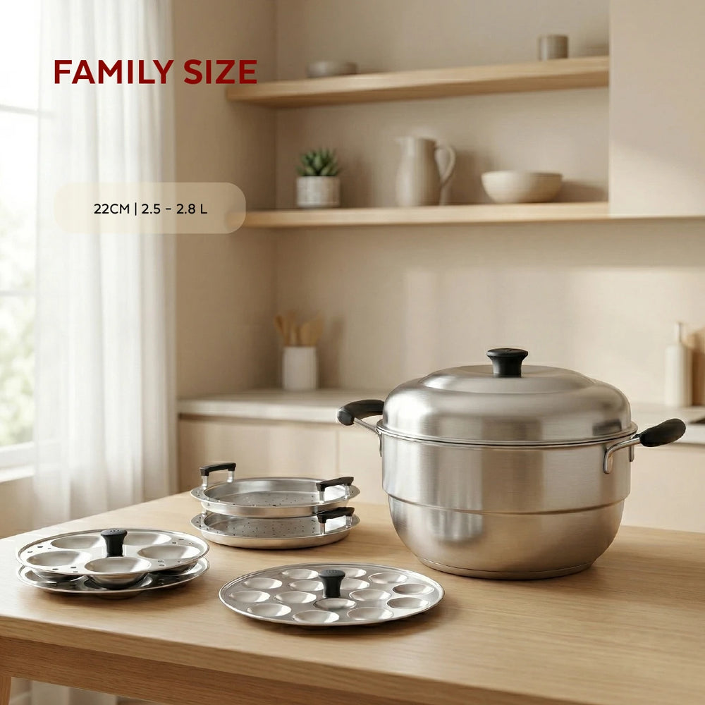 Stainless Steel Multi Kadai 22CM, Versatile Kadai with Steam Release Lid, Steam Idlis, Mini Idlis, Dhokla, Idiyappams, Momos and Vegetables, Tri Ply Base, StayCool+ Handle & Lid Knob