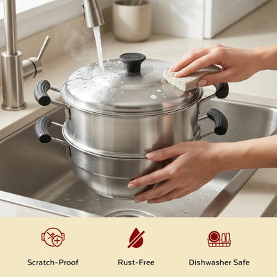 3-in-1 Stainless Steel Multi Kadai Steamer 20CM, 3 Idly Plates (12 Idlis), Tri Ply Bottom, Gas & Induction Friendly, StayCool+ Handles & Lid Knob