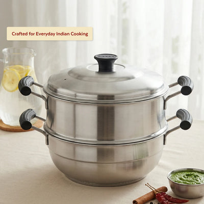 3-in-1 Stainless Steel Multi Kadai Steamer 20CM, 3 Idly Plates (12 Idlis), Tri Ply Bottom, Gas & Induction Friendly, StayCool+ Handles & Lid Knob
