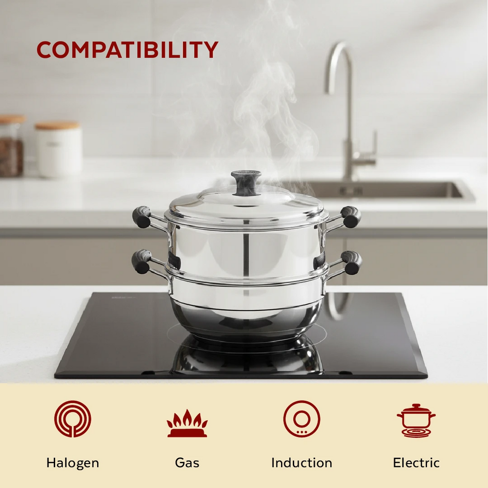 3-in-1 Stainless Steel Multi Kadai Steamer 20CM, 3 Idly Plates (12 Idlis), Tri Ply Bottom, Gas & Induction Friendly, StayCool+ Handles & Lid Knob