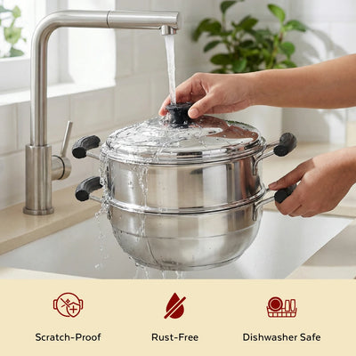 3-in-1 Stainless Steel Multi Kadai Steamer 20CM, 3 Idly Plates (12 Idlis), Tri Ply Bottom, Gas & Induction Friendly, StayCool+ Handles & Lid Knob