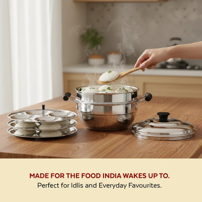 3-in-1 Stainless Steel Multi Kadai Steamer 20CM, 3 Idly Plates (12 Idlis), Tri Ply Bottom, Gas & Induction Friendly, StayCool+ Handles & Lid Knob