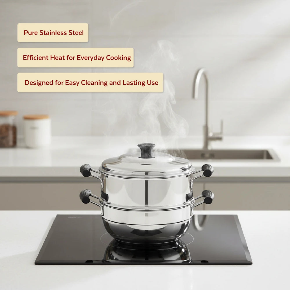 3-in-1 Stainless Steel Multi Kadai Steamer 20CM, 3 Idly Plates (12 Idlis), Tri Ply Bottom, Gas & Induction Friendly, StayCool+ Handles & Lid Knob