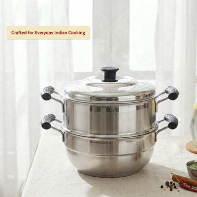 3-in-1 Stainless Steel Multi Kadai Steamer 20CM, 3 Idly Plates (12 Idlis), Tri Ply Bottom, Gas & Induction Friendly, StayCool+ Handles & Lid Knob