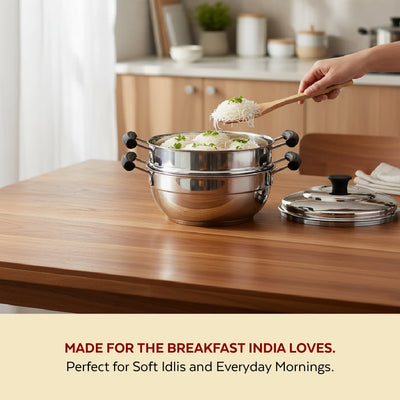 3-in-1 Stainless Steel Multi Kadai Steamer 20CM, 3 Idly Plates (12 Idlis), Tri Ply Bottom, Gas & Induction Friendly, StayCool+ Handles & Lid Knob