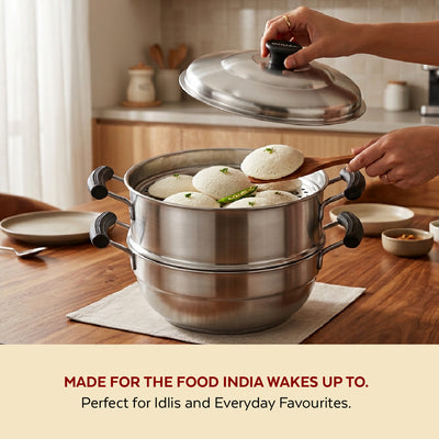 3-in-1 Stainless Steel Multi Kadai Steamer 20CM, 3 Idly Plates (12 Idlis), Tri Ply Bottom, Gas & Induction Friendly, StayCool+ Handles & Lid Knob