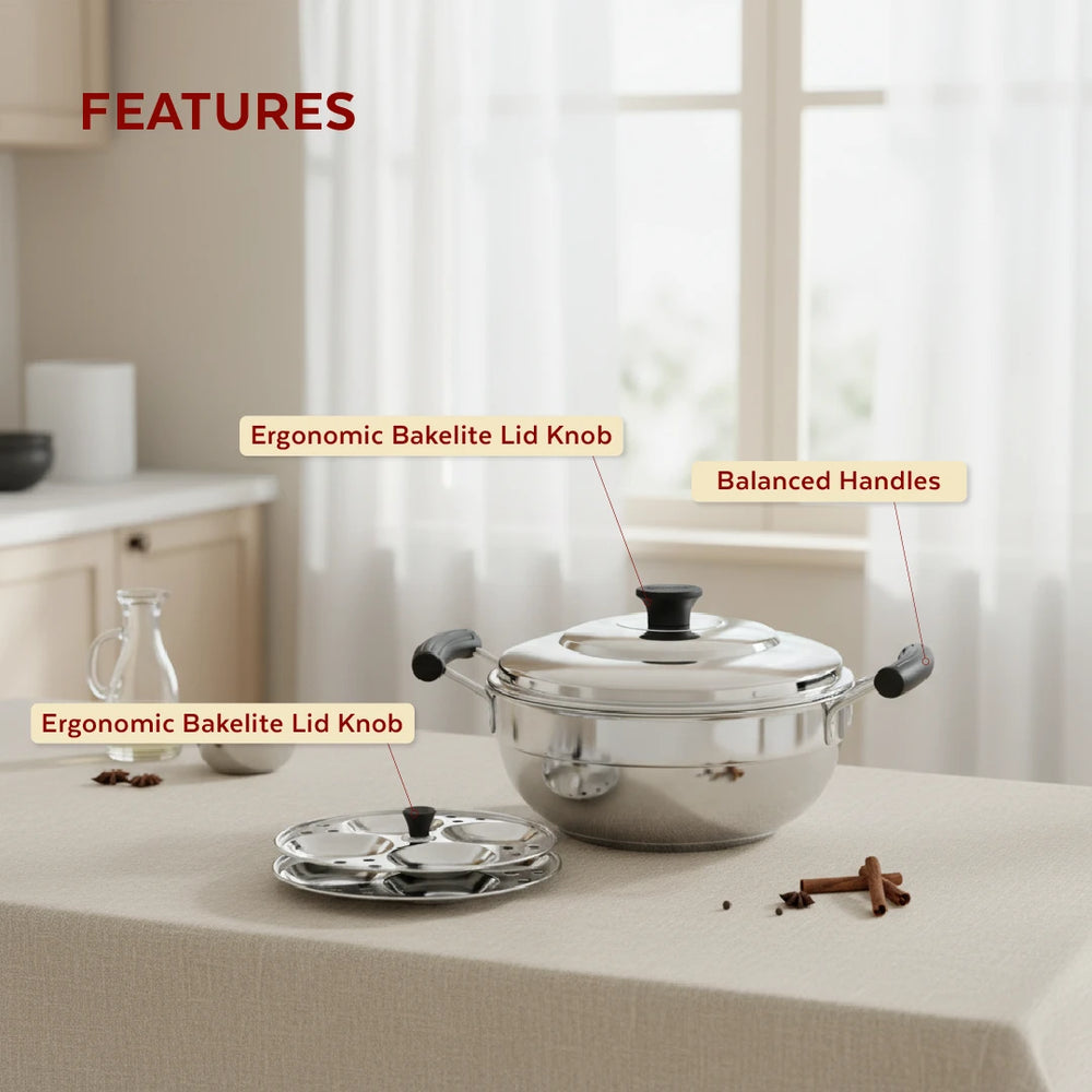 Stainless Steel Multi Kadai 20CM, Versatile Kadai with Steam Release Lid, Steam Idlies, Idiyappams, Momos and Vegetables, Tri Ply Base, StayCool+ Handle & Lid Knob